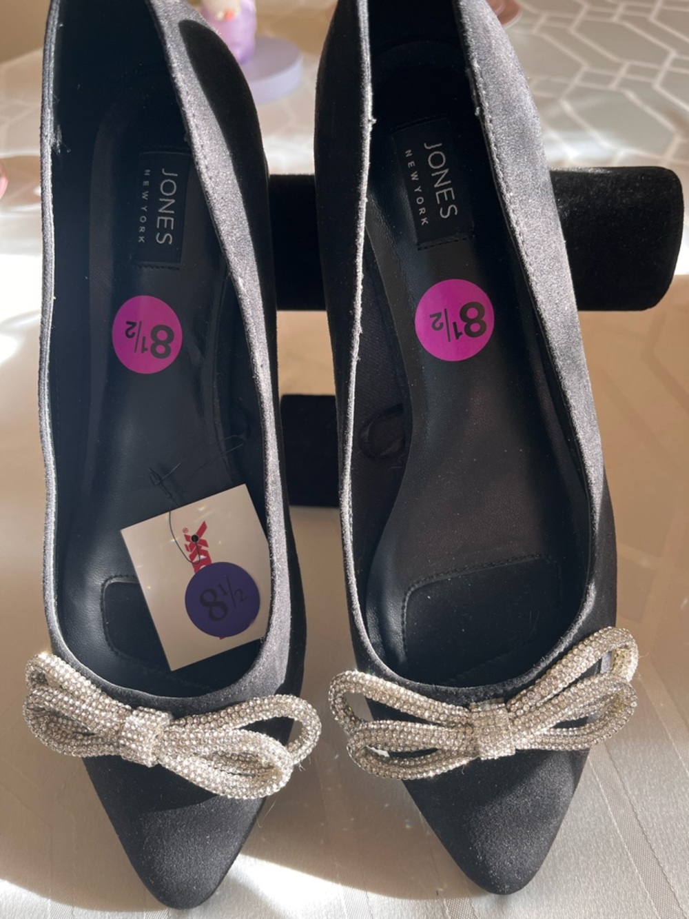 Jones New York Black Pointed-Toe Flats -Suede-with Crystal Bow Accent